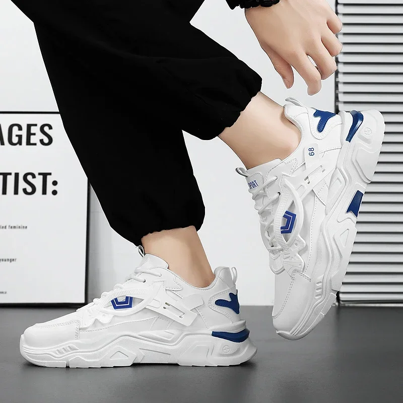 Men's Casual Sports Shoes with Thick-soled Height-increasing Features Mesh and Color-matched Round Toe Lace-up Running Shoes