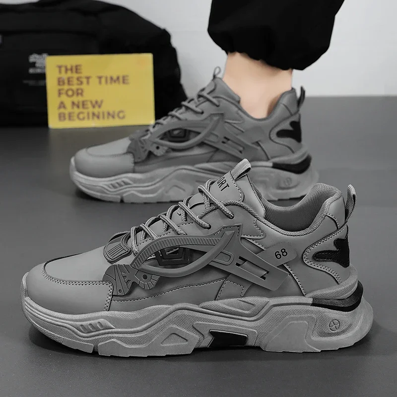 Men's Casual Sports Shoes with Thick-soled Height-increasing Features Mesh and Color-matched Round Toe Lace-up Running Shoes - Image 4